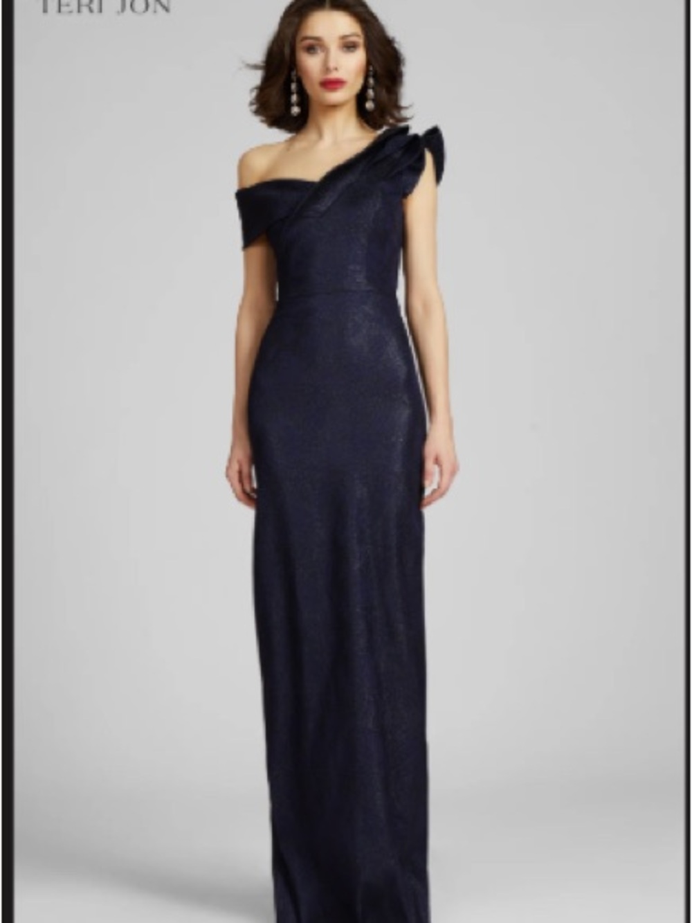 Teri Jon One-Shoulder Navy Evening Gown with Draped Bow Detail